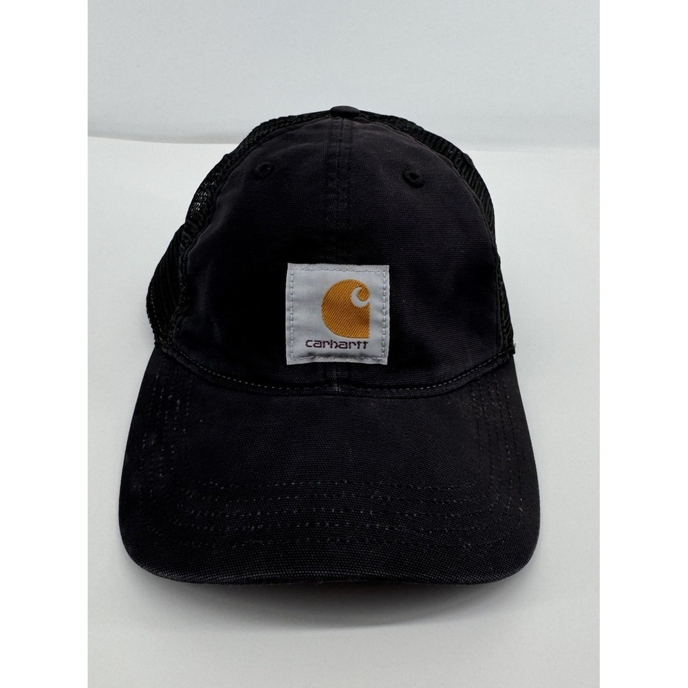 Carhartt Trucker Hat Black Mesh Snapback Cap Logo Patch Workwear Distressed